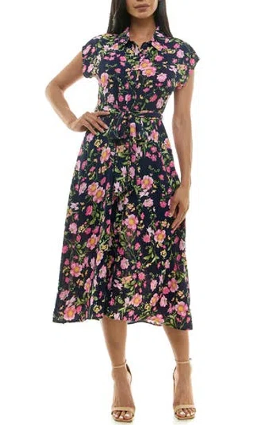 Nina Leonard Floral Short Sleeve Shirtdress In Navy/dragon Fruit Multi