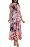 Nina Leonard Floral Sleeveless Tiered Chiffon Maxi Dress In Pacific Navy/cream