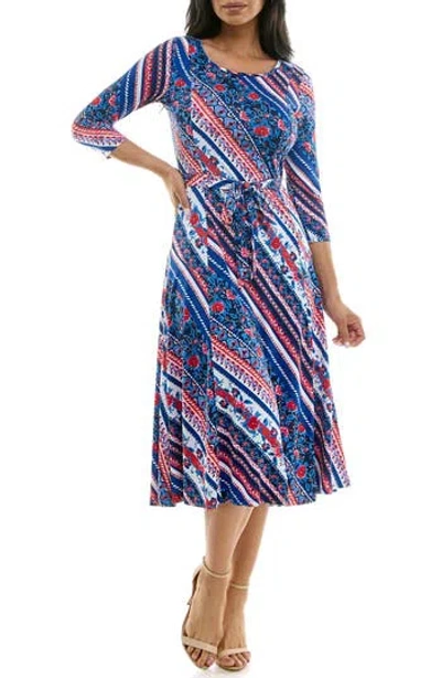 Nina Leonard Floral Stripe Three-quarter Sleeve A-line Dress In Red Blue Multi