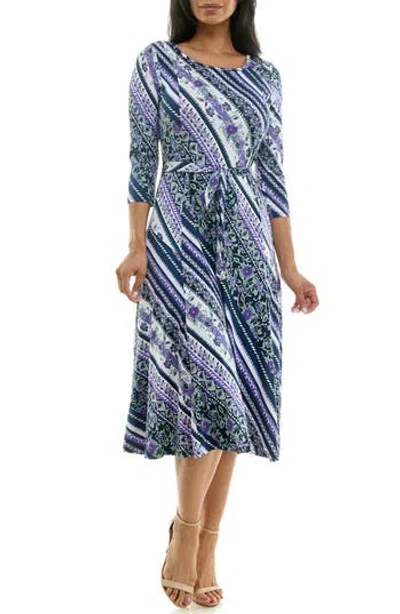 Nina Leonard Floral Stripe Three-quarter Sleeve A-line Dress In Blue