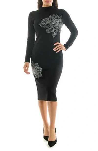 Nina Leonard Floral Studded Long Sleeve Sweater Dress In Black