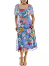 Nina Leonard Flutter Sleeve Sweetheart Midi Dress In Blue