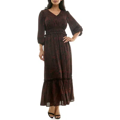 Nina Leonard Floral V-neck Maxi Dress In Smoked Paprika/black