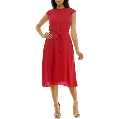 Nina Leonard Flutter Sleeve Chiffon Midi Dress In Red