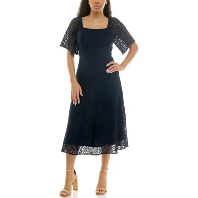 Nina Leonard Flutter Sleeve Lace Midi Dress In Blue