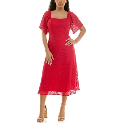 Nina Leonard Flutter Sleeve Lace Midi Dress In Red