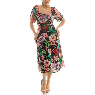 Nina Leonard Flutter Sleeve Sweetheart Midi Dress In Multi