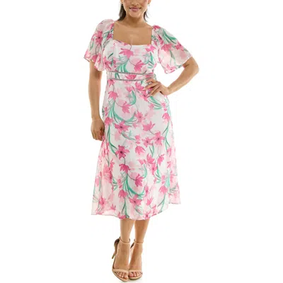 Nina Leonard Flutter Sleeve Sweetheart Midi Dress In Pink Ribbon Multi