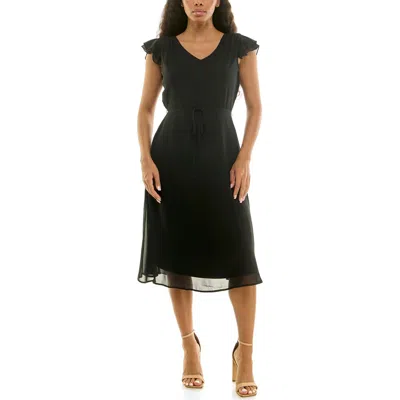 Nina Leonard Flutter Sleeve V-neck Dress In Black