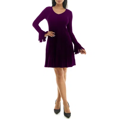Nina Leonard Fringe Cuff Sweater Dress In Purple