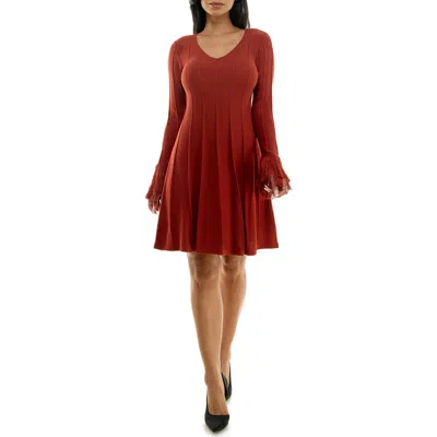 Nina Leonard Fringe Cuff Sweater Dress In Rust