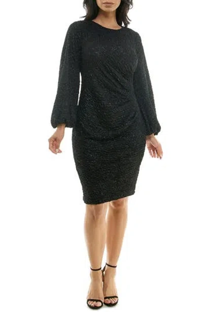 Nina Leonard Glitter Long Sleeve Body-con Dress In Black