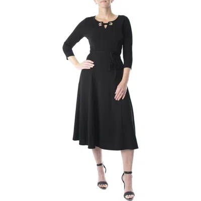 Nina Leonard Grommet Split Neck A-line Midi Dress In Black