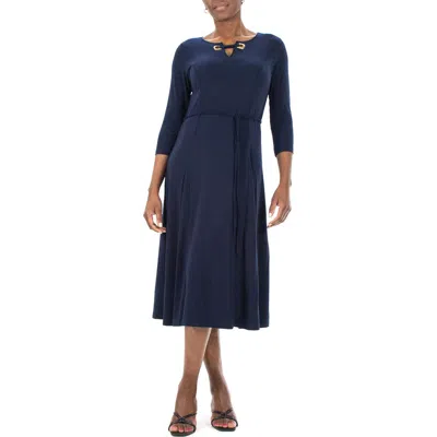 Nina Leonard Grommet Split Neck A-line Midi Dress In Multi