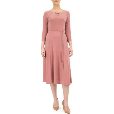 Nina Leonard Grommet Split Neck A-line Midi Dress In Pink