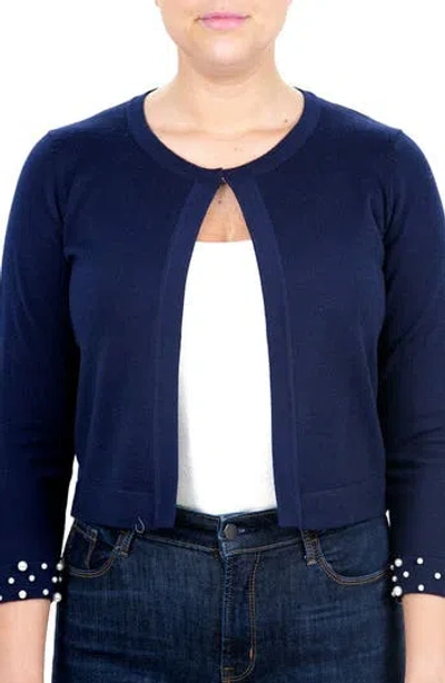 Nina Leonard Imitation Pearl Cuff Bolero Cardigan In Navy