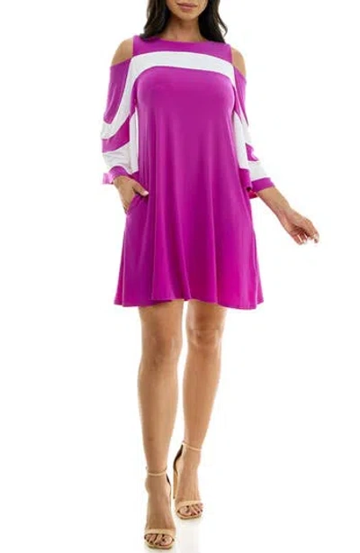 Nina Leonard Ity Stripe Cold Shoulder Dress In Purple