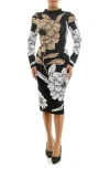 Nina Leonard Jacquard Long Sleeve Body-con Dress In Black