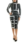 Nina Leonard Jacquard Long Sleeve Body-con Dress In Black