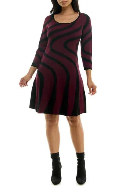 Nina Leonard Jacquard Long Sleeve Sweater Dress In Deep Wine/black