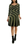 Nina Leonard Jacquard Long Sleeve Sweater Dress In Light Olive/black