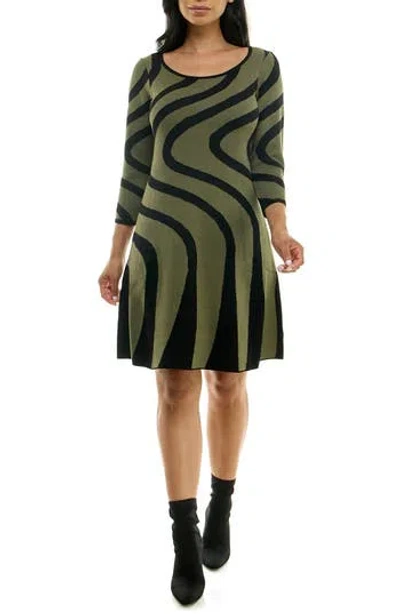 Nina Leonard Jacquard Long Sleeve Sweater Dress In Light Olive/black