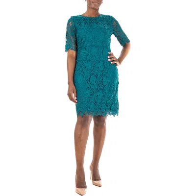 Nina Leonard Jewel Neck Lace Dress In Green