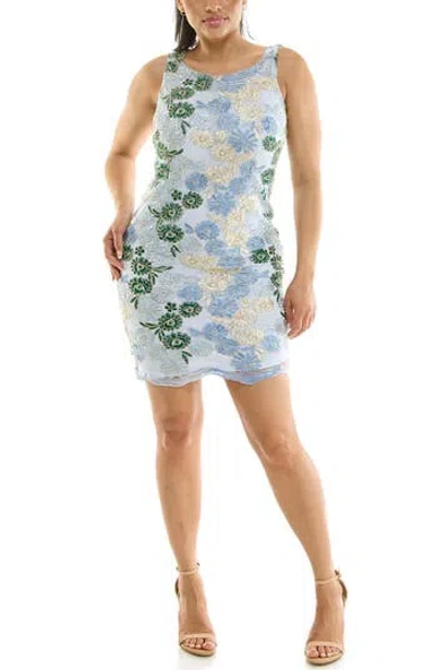 Nina Leonard Jewel Neck Lace Sheath Dress In Blue