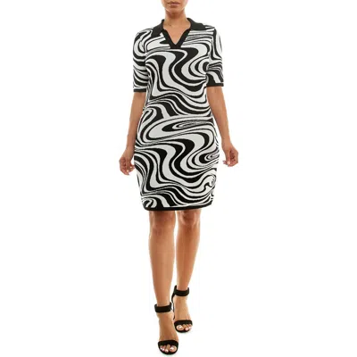 Nina Leonard Johnny Collar Groovy Swirl Jacquard Sweater Dress In Black