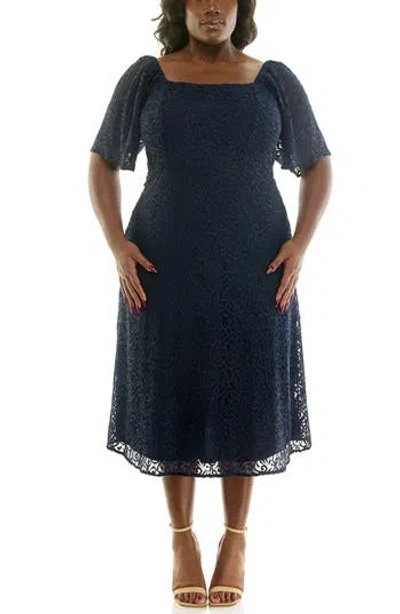 Nina Leonard Lace Flutter Sleeve Midi Dress In Blue