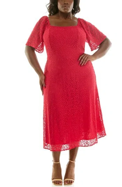 Nina Leonard Lace Flutter Sleeve Midi Dress In Red