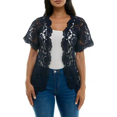Nina Leonard Lace Scallop Edge Cardigan In Navy