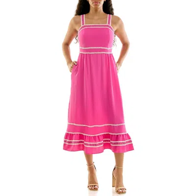 Nina Leonard Lace Trim Fit & Flare Midi Dress In Pink