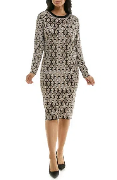 Nina Leonard Leopard Print Long Sleeve Sweater Dress In Black/tan