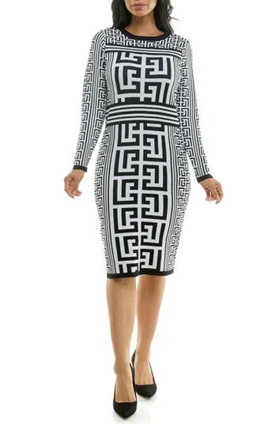 Nina Leonard Leopard Print Long Sleeve Sweater Dress In Black/white