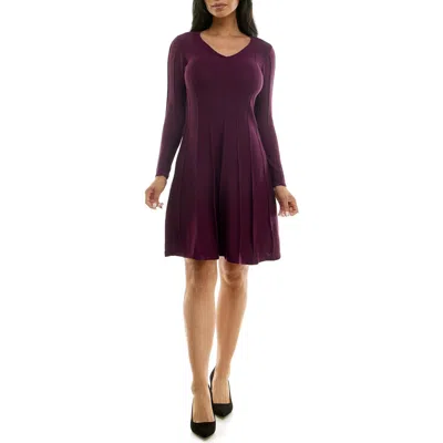 Nina Leonard Long Sleeve A-line Sweater Dress In Black Plum