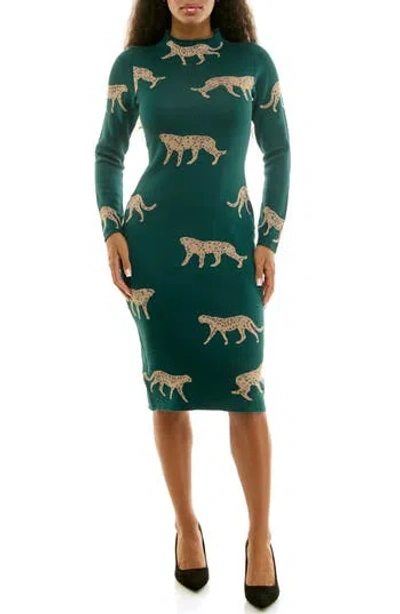 Nina Leonard Long Sleeve Jacquard Sheath Dress In Green