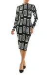Nina Leonard Long Sleeve Jacquard Sheath Dress In Black