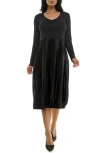 Nina Leonard Long Sleeve Mixed Media Dress In Black Lurex