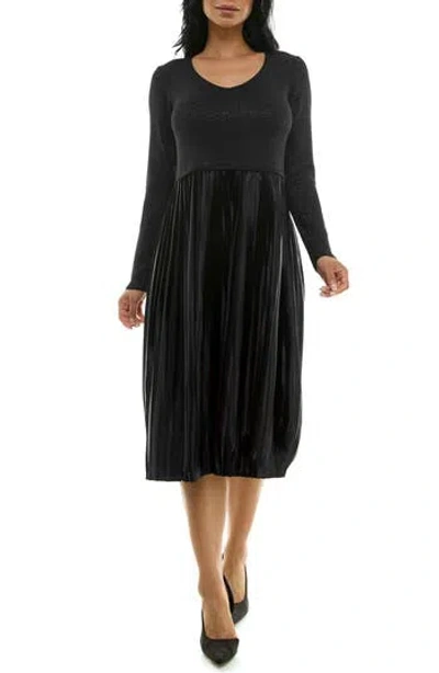 Nina Leonard Long Sleeve Mixed Media Dress In Black Lurex