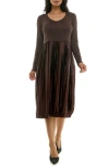 Nina Leonard Long Sleeve Mixed Media Dress In Chocolate Lurex
