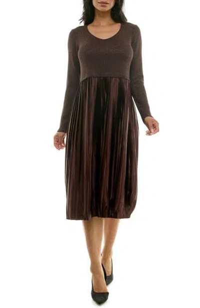 Nina Leonard Long Sleeve Mixed Media Dress In Chocolate Lurex