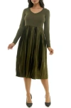 Nina Leonard Long Sleeve Mixed Media Dress In Dark Olive Lurex