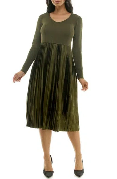 Nina Leonard Long Sleeve Mixed Media Dress In Dark Olive Lurex