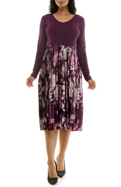 Nina Leonard Long Sleeve Mixed Media Dress In Plum Multi