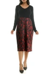 Nina Leonard Long Sleeve Mixed Media Dress In Red Multi