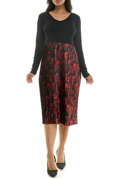 Nina Leonard Long Sleeve Mixed Media Dress In Red Multi