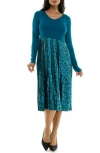 Nina Leonard Long Sleeve Mixed Media Dress In Teal Multi