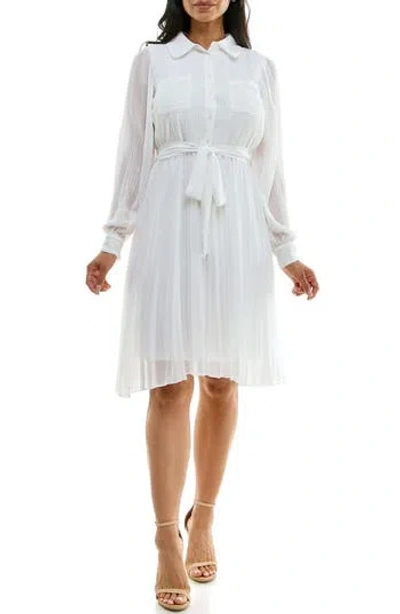 Nina Leonard Long Sleeve Pleated Shirtdress In Ivory