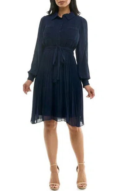 Nina Leonard Long Sleeve Pleated Shirtdress In Navy